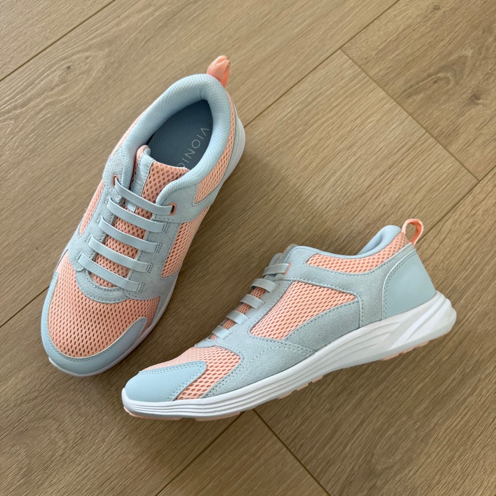 Vionic Womens Mesh Walking Sneakers Blue Peach Slip On Elastic Laces Orthotic 8 - Picture 3 of 10